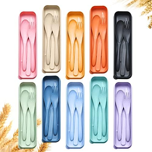 Reusable Travel Utensils Set with Case, 10 Sets Wheat Straw Portable Knife Fork Spoons Cutlery, Eco-Friendly BPA Free Plastic Tableware for Kids Adults Travel Picnic Camping Silverware by YDYTOP