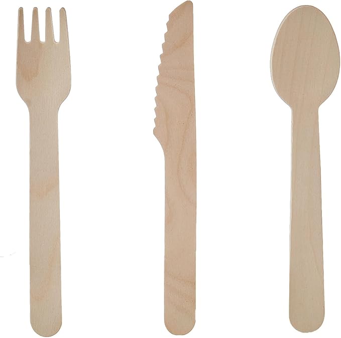 100% Compostable Wooden Cutlery Set - 300 Combo Utensils Disposable Wood Silverware, Eco Friendly, Party Flatware Recyclable Sustainable(Formerly FULING)