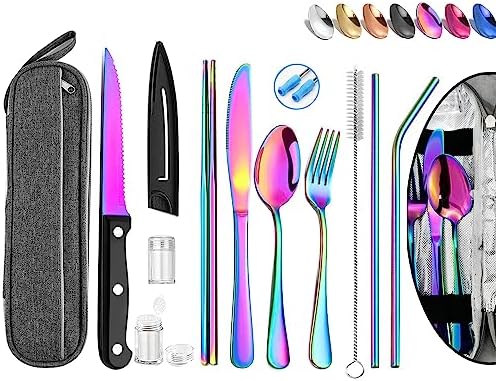 Portable Reusable Travel Utensils Silverware With Case, Camping Cutlery Set, Chopsticks and Straw, Flatware With Case, Stainless Steel Rainbow Top by HOMMALY