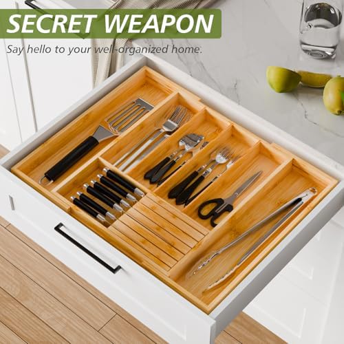 Bamboo Kitchen Silverware Drawer Organizer - Expandable Wood Utensil Holder with Dividers, Luxury Cutlery Storage Tray for Kitchen Utensil and Flatware (5-7 Slots with Removable Knife Block, Natural) - Image 2