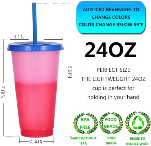 Color Changing Cups, 5 Pack 24oz Plastic Tumblers, Reusable Iced Coffee & Smoothie Cups with Lids and Straws for Parties and Travel (5 Changing, 5 Packs) - Image 3