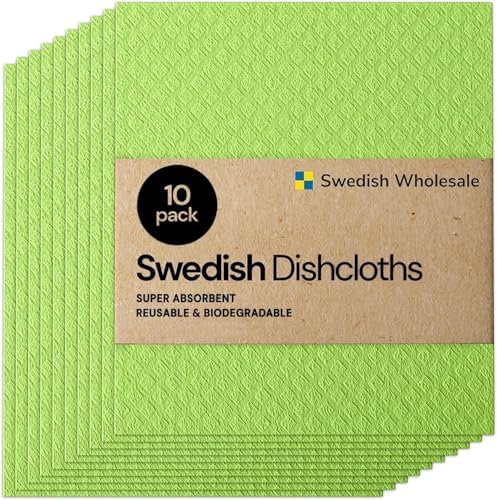 Swedish Wholesale Dishcloths Reusable 8" x 7" Sponge Cloths, Bulk 10 Pack of High Absorbent Cellulose Dish & Kitchen Cleaning Hand Towels, Wring to Dry & Machine Wash, Odor Resistant, Lime by SwedishWholesale
