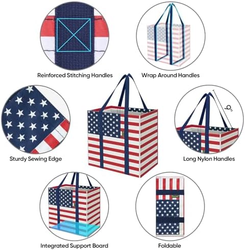 BALEINE 2 PK Grocery Bags Reusable Shopping Bags with Reinforced Bottom, Heavy Duty Foldable Tote Bags (Patriot Celebration) - Image 3