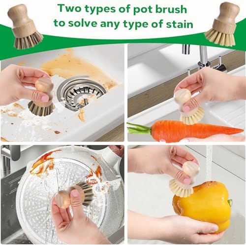Bamboo Dish Brush Set - 5 Packs Natural Wooden Kitchen Brush, 4 Dish Scrubbers with One Replacement Head, Cleaning for Pots, Bottles and Vegetables - Image 5