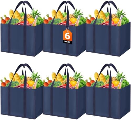 WISELIFE Reusable Grocery Bags, Foldable, Lasting Use, 35L, 6 Pack, Blue by WiseLife