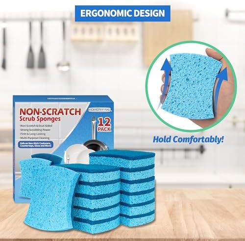 Non-Scratch Cellulose Scrub Sponges 12 Pack, Sponges Kitchen with Double-Side & Ergonomic Design for Dishes, Coated Cookware, Sink & Countertops. - Image 7