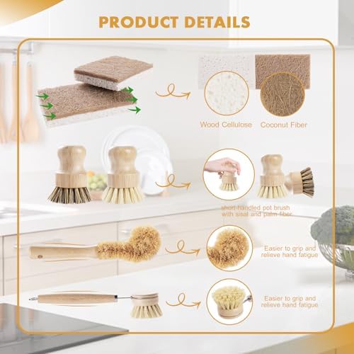 DEBETOOL 6-Piece Bamboo Dish Brush Set with Coconut Sponge - Image 4