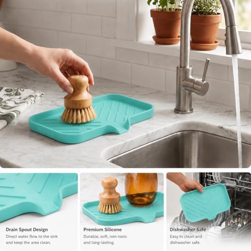 MicoYang Silicone Soap Dish with Drain Spout — Self-Draining Sink Organizer Tray for Bathroom & Kitchen, Sponges, Dispensers & Soap Holder, Non-Slip & Dishwasher Safe, Mint (Medium, 9.6"×5.3") - Image 3