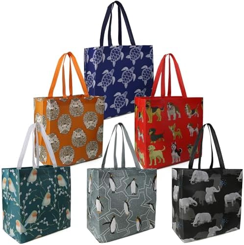 BeeGreen Animal Reusable Grocery Bags - W13*H13*D7 6 Packs Lightweight Shopping Totes with Long Handles, Water Resistant,Durable and Portable - Perfect for Groceries, Supermarket, Gifts, and More by BeeGreen