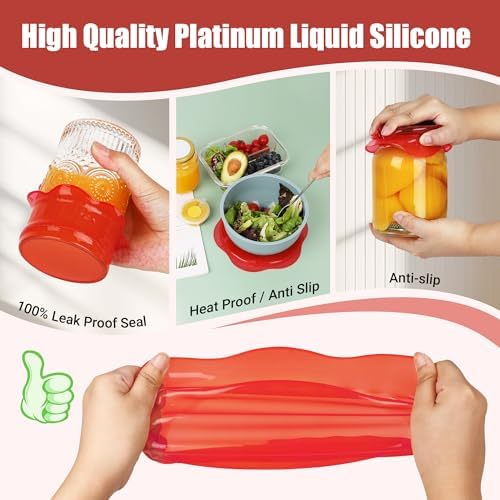 Silicone Stretch Lids for Food Storage in Fridge, Reusable Elastic Bowl Covers for Cup, Cans, Jars, Round & Rectangle Container, Food Grade Silicone Microwave Food Cover, Red, 6PCS - Image 5