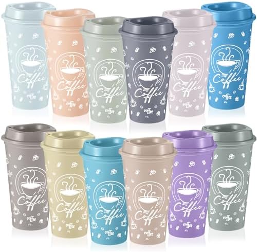 12 Sets Reusable Coffee Cups with Lids, 16oz, Light Morandi by Skybooly