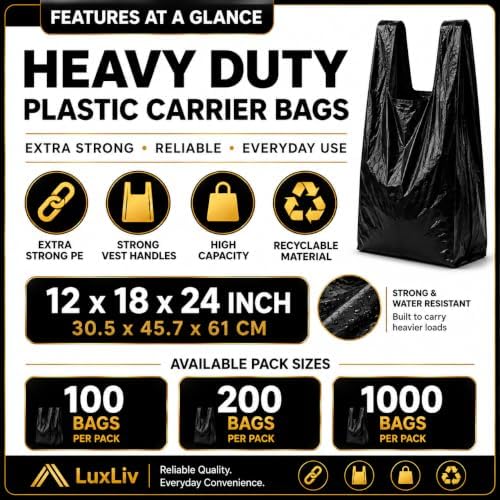 Heavy Duty Black Plastic Shopping Bags with Handles, T-Shirt Grocery Carrier, 12 x 18 x 24 Inch, HDPE for Retail, Convenience Stores and Takeout, 200 Count - Image 2