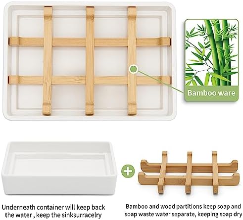 Bamboo Soap Dishes for Shower Wooden Soap Bar Holder for Bathroom Soap Tray Easy to Clean, Durable and with Non-Slip Pads(Two White Squares) - Image 2