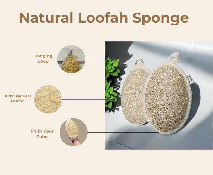 Double Sides Natural Loofah Sponge, Exfoliating Body Scrubbers (2 Pack), Biodegradable Bath Sponge, Gentle, Chemical-Free Bath & Body Loofah for Women, Men, Kids, Made with Natural Loofah