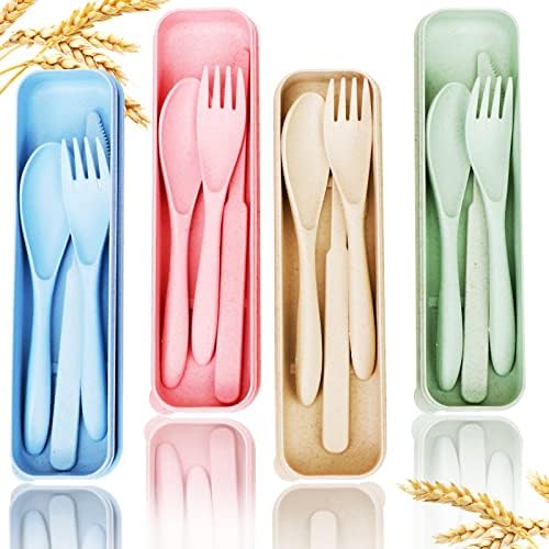 Reusable Travel Utensils Set with Case, 4 Sets Wheat Straw Portable Knife Fork Spoons Tableware, Eco-Friendly BPA Free Cutlery for Kids Adults Picnic Camping Utensils(Green, Beige, Pink, Blue) by YDYTOP