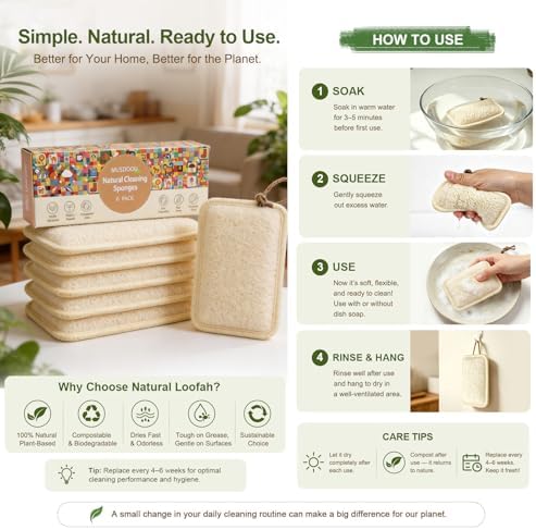 Natural Loofah Dish Scrubber Sponges, 6 Pack Large Plant-Based Kitchen Cleaning Pads, Compostable Non-Scratch Scouring Sponge for Dishes, Sink, Grout and Tile, 4.4 x 2.8 in - Image 6