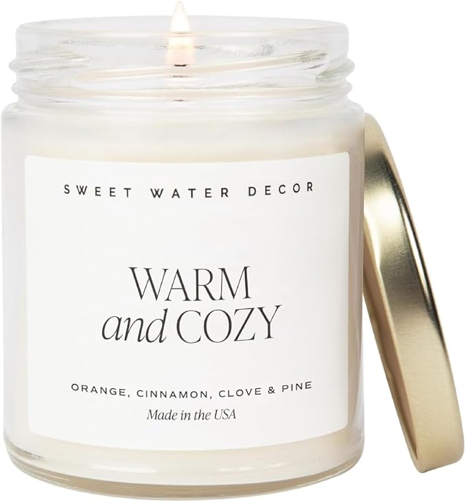 Sweet Water Decor Warm and Cozy Candle - Orange Peel, Cinnamon, Ginger and Clove Soy Winter Scented Candles for Home - 9oz Clear Jar + Gold Lid, 40+ Hour Burn Time, Made in The USA