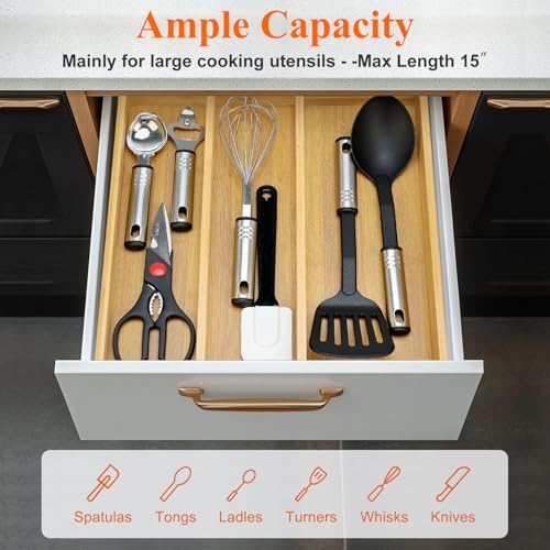 Large Bamboo Kitchen Utensil Drawer Organizer Expandable Silverware Tray - Image 5