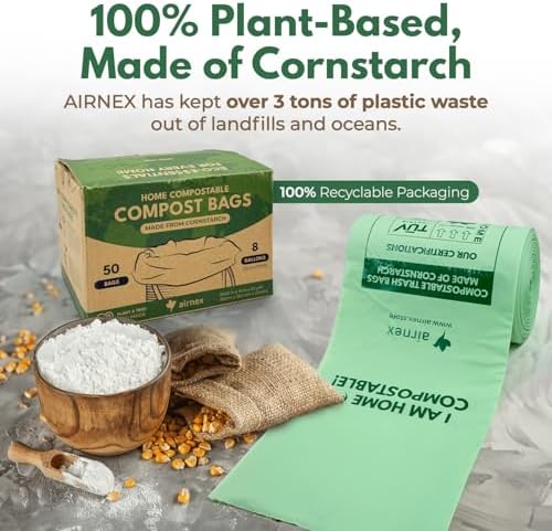 AIRNEX Compostable Kitchen Trash Bags 8 Gal - Cornstrarch Leakproof & Tear Resistant 50 Compost Bags - OK Compost Home & Seedling Certified 0.22 mm Kitchen Garbage Bags - Image 4