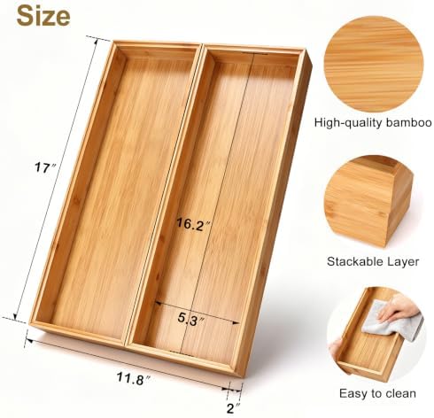Kitchen Bamboo Drawer Organizer Set of 2, Large Wide Stackable Drawer Organizer for Silverware, Utensils, Cutlery, Flatware, Junk Drawer, Dresser, Bathroom, 17" x 6" x 2" - Image 3
