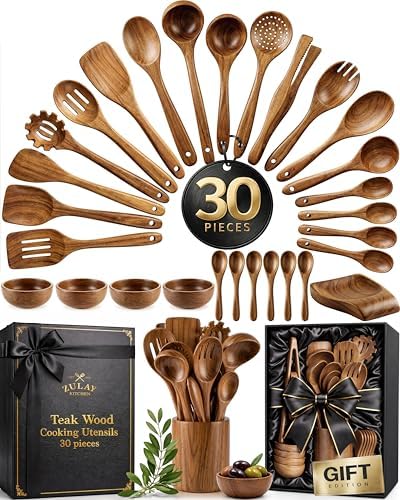 Zulay Kitchen 30-Piece Teak Wooden Utensils - Natural Teak Cooking Utensils with Premium Gift Box - Non-Stick Wooden Spoons - Kitchen Gift Set - Comfortable Grip by ZulayKitchen