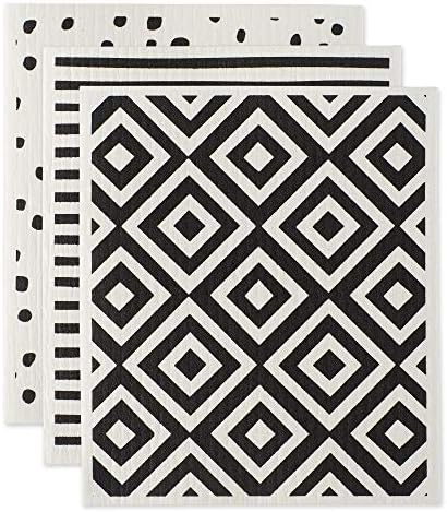 DII Swedish Dishcloths for Kitchen & Cleaning, Reusable, Machine Washable & Dishwasher Safe, Biodegradable, 7.75 x 6.75, Black & White, 3 Piece by DII