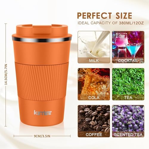 KETIEE 12oz Insulated Travel Mug, Vacuum Stainless Steel Double Walled Reusable Coffee Cup with Leakproof Lid, Travel Tumbler Coffee Mug to Go for Hot and Iced Tea Water (Orange) - Image 6