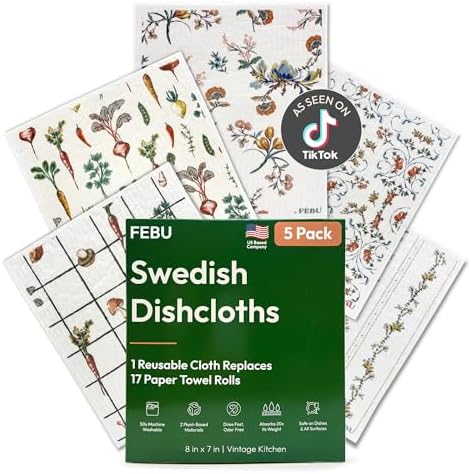 FEBU Swedish Dishcloths for Kitchen, 5 Pack, Vintage Kitchen by FEBU