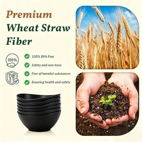 Homienly Wheat Straw Bowls Set of 6, 60 OZ Salad Bowl Large Capacity for Soup, Popcorn - Unbreakable Serving Bowl - Microwave & Dishwasher Safe Bowl, Alternative for Plastic Bowls for Kitchen - Black - Image 3