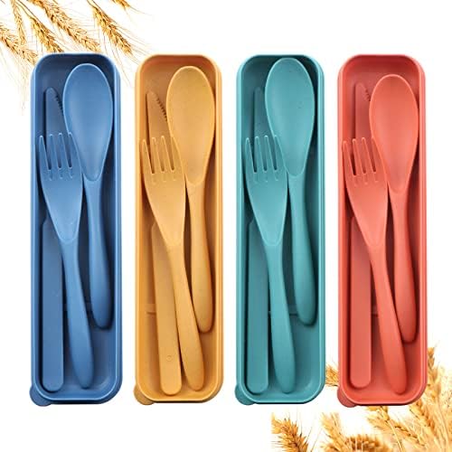 Reusable Travel Utensils Set with Case, 4 Sets Wheat Straw Portable Plastic Fork Spoons Knife Camping Cutlery, Eco-Friendly BPA Free Lunch Tableware Travel Picnic Silverware for Kids Adults Daily Use by DYRICH