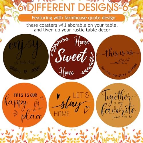 Queekay House Warming Gifts New Home Farmhouse Coasters Set of 6, Autumn - Image 3