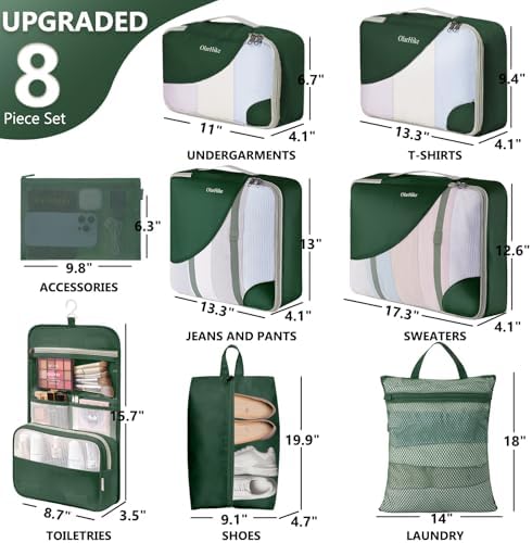 OlarHike Packing Cubes for Travel,Gifts for Women Mom,Anti-Tearing Suitcase Organizer for Luggage with Shoe & Hanging Toiletry Bag,Vacation Essentials & Accessories for Cruise Ship,8 Set,Dark Green - Image 2