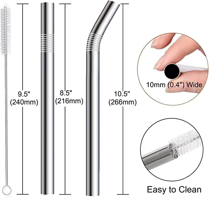 Vinaco 6 Pack 0.4" Wide Bore Reusable Stainless Steel Metal Smoothie Straws - Image 3