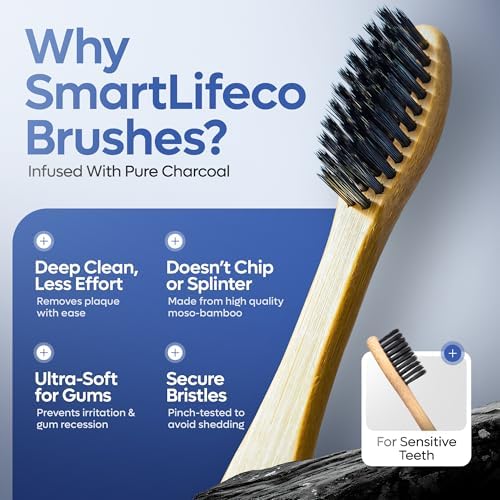 SmartLifeco Charcoal Bamboo Toothbrushes - Extra Soft Natural Bristles for Adults & Kids Teeth | Zero Waste Bulk Wooden Tooth Brush Travel Kit | BPA Free, Eco-Friendly, Vegan - (12 Pack) - Image 2