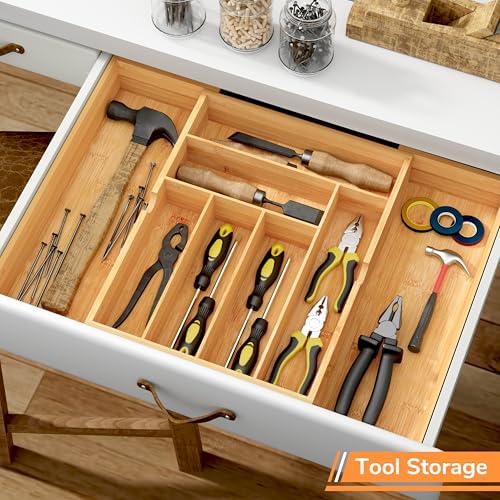 BAMEOS 3" Deepth Expandable Drawer Organizer, Deep Flatware Organizer, Adjustable Silverware Organizer, Bamboo Drawer Organizer for Kitchen, Bathroom (Natural) - Image 5