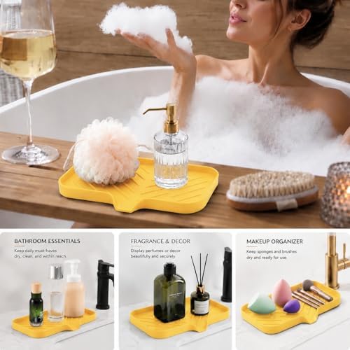 MicoYang Silicone Soap Dish with Drain Spout — Self-Draining Sink Organizer Tray for Bathroom & Kitchen, Sponges, Dispensers & Soap Holder, Non-Slip & Dishwasher Safe, Yellow (Medium, 9.6"×5.3") - Image 3