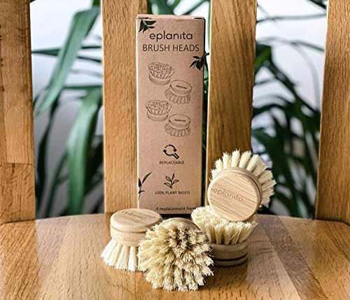 eplanita Replacement Brush Heads (Pack of 4) for Bamboo Dish Brush, Sisal Bristle Refills, Agave Cactus Fibres, Kitchen Eco Scrubber, Plastic Free Washing Up, Zero Waste Cleaning - Image 3