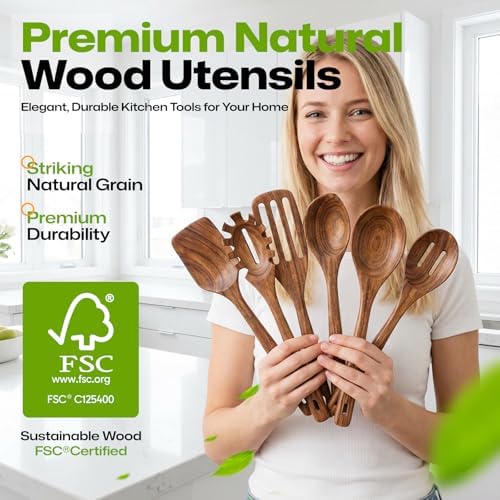 AIUHI Wooden Utensils Set of 6, Teak Wood Kitchen Utensils Set for Non-stick Cookware, Non-Toxic Wooden Spoons for Cooking-Durable, Comfortable Grip & Heat Resistant - Image 2