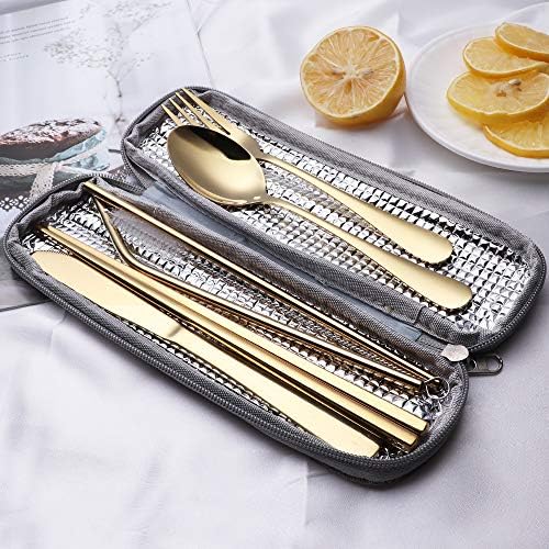 Portable Stainless Steel Flatware Set, Travel Camping Cutlery Set, Portable Utensil Travel Silverware Dinnerware Set with a Waterproof Case (Gold) - Image 2