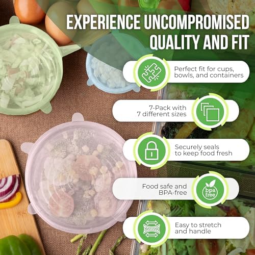 Reusable Silicone Stretch Lids for Food Storage in Fridge - Elastic Heat-Resistant Bowl Covers, Cups, Cans, Jars - Universal Food Grade Lid for Round and Rectangle Containers - 7 Pack - Colorful - Image 4