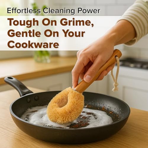 Coconut Fiber Dish Brush with Handle – Natural Dish Scrubber Brush for Kitchen Sink & Pots – Eco-Friendly Dish Cleaning Brush with Built-in Scraper, Sink Scrubber, and pan Cleaning Brush - Image 4