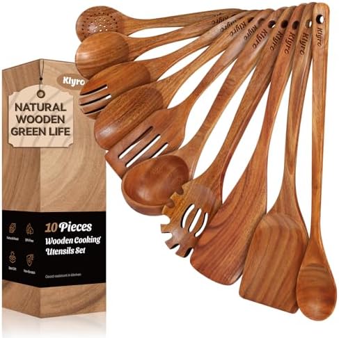 Teak Wooden Cooking Utensils Set, 10 Piece Premium Kitchen Cookware, Non-Scratch Wooden Spoons for Cooking, Perfect for Cooking and Serving by KLYRO