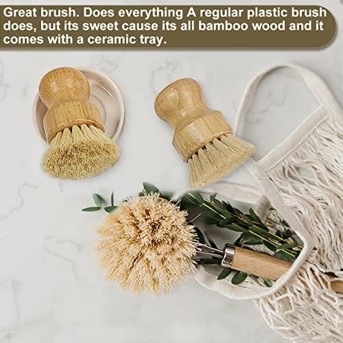 Wooden Dish Brush Set Clean Pots, Pans and Vegetable, Natural Bristles Bamboo Scrub Brushes with Ceramic Dish - 1 Long Handle Dish Brush + 2 Palm Scrubbing Brush - Image 6