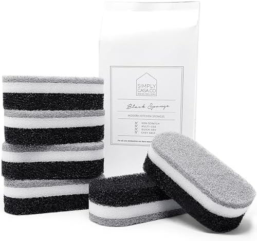 Kitchen Dish Cleaning Sponges - Pack of 6 | Non-Scratch & Fast-Drying | Reusable Scrubbers for Kitchen & Household Use | Stylish Black & White Design by SIMPLYCASA