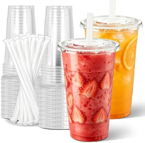 Ginkgo 32 oz Clear Plastic To Go Cups with Lids and Straws by HOME