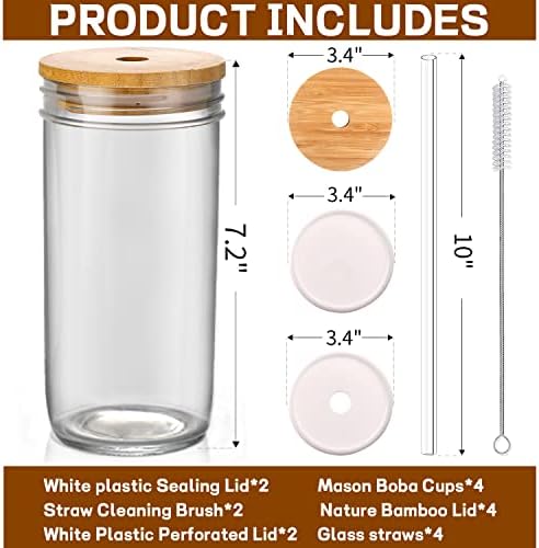 DWTS DANWEITESI Glass Cups with Lids and Straws,24 oz Smoothie Cup with Lid and Straw-Boba Mason Jar,Matcha Cup Wide Mouth Reusable Drinking Glasses,Iced Coffee Cups Glass,Vasos De Vidrio【4 Pack】 - Image 3