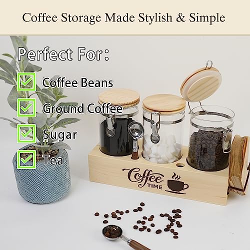 Glass Coffee Canister Set with Shelf & Spoons - 3 Piece Airtight Seal Coffee Bean Storage Containers & Filter Holder for Kitchen Organization - Image 5