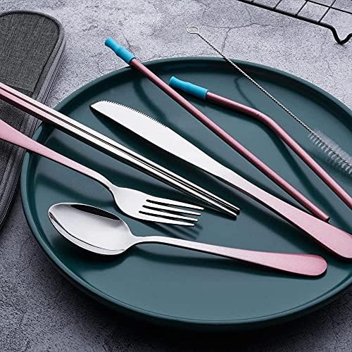 Travel Utensils Set with Case Reusable Portable Cutlery Set Stainless Steel 8pcs Including Dinner Knife Fork Spoon Chopsticks straws(Gradient Pink) - Image 2