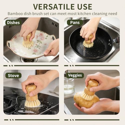 Bamboo Dish Brush Set - 3 Pcs Natural Scrub Brush with Holder, Wooden Dish Scrubber with Sisal Bristle for Cleaning Dishes, Pans and Vegetables - Image 6