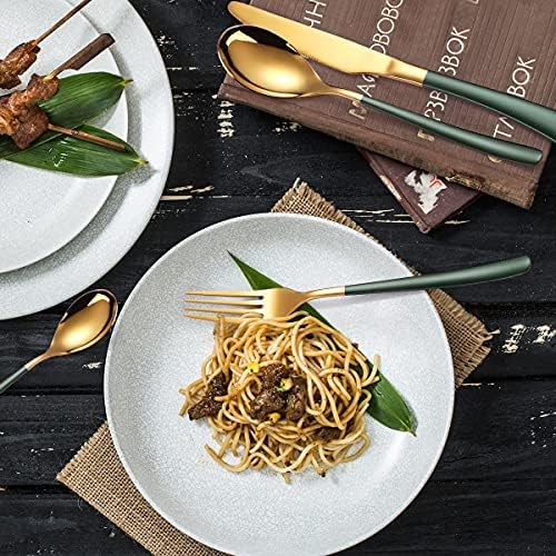 AARAINBOW 7 Pieces Stainless Steel Flatware Set Portable Reusable Cutlery Set Travel Utensils Set Including Chopsticks Knife Fork Spoon Straws Cleaning Brush Dishwasher Safe (7 Green Golden) - Image 5